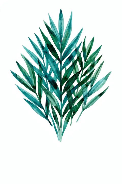 Green Watercolor Leaves. A cluster of long green and teal watercolor leaves spreads upward on a white background.