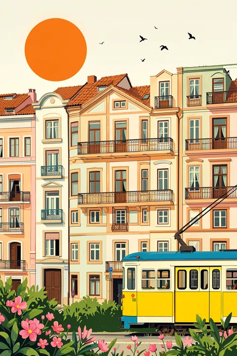 Colorful Lisbon Tram. A yellow-and-blue tram passes pastel apartment buildings beneath an orange sun, with flowers and birds in the foreground sky.