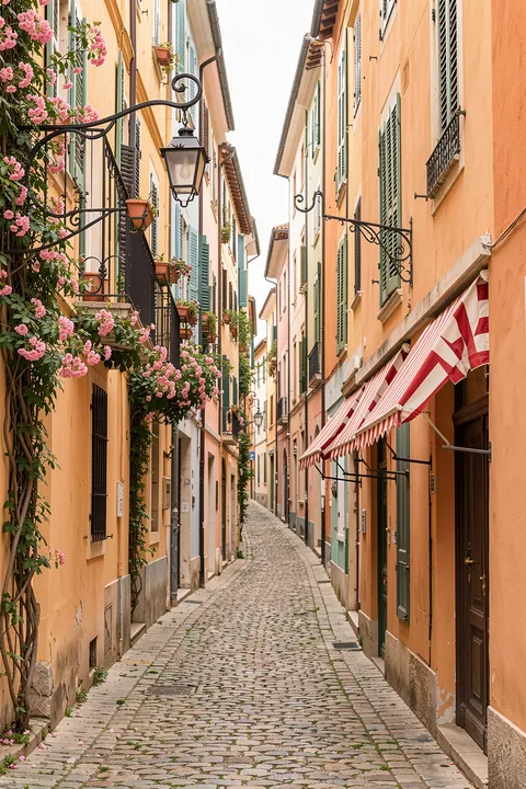 Colorful Mediterranean Steps View. A cobbled lane runs between warm peach buildings with green shutters, flower boxes, and a red-and-white striped awning.