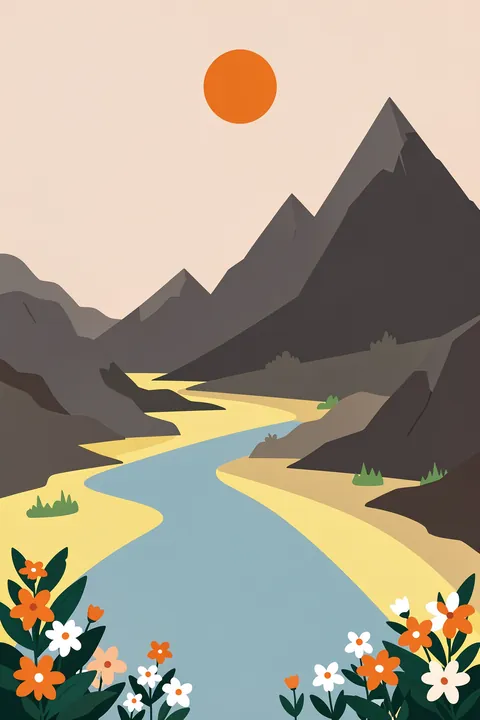 Colorful Mountain Valley. A winding pale river passes through dark angular mountains beneath an orange sun, with flowers along the foreground banks.