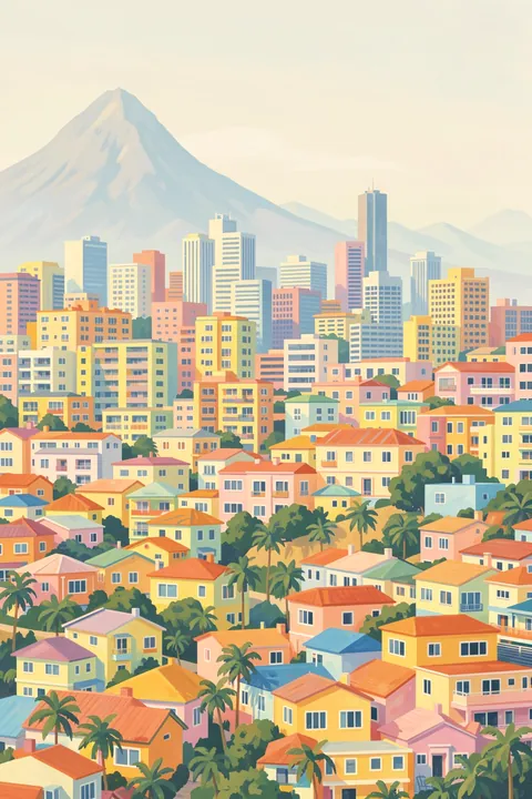 Colorful Phoenix City. A colorful city of pastel homes and taller buildings sits below a pale mountain range.