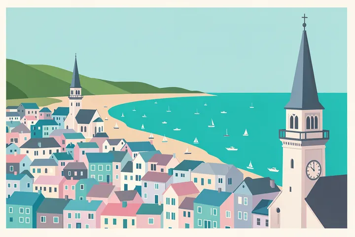 Colorful Seaside Village. Pastel houses line a turquoise bay with small boats between green hills and two tall clock-tower buildings.