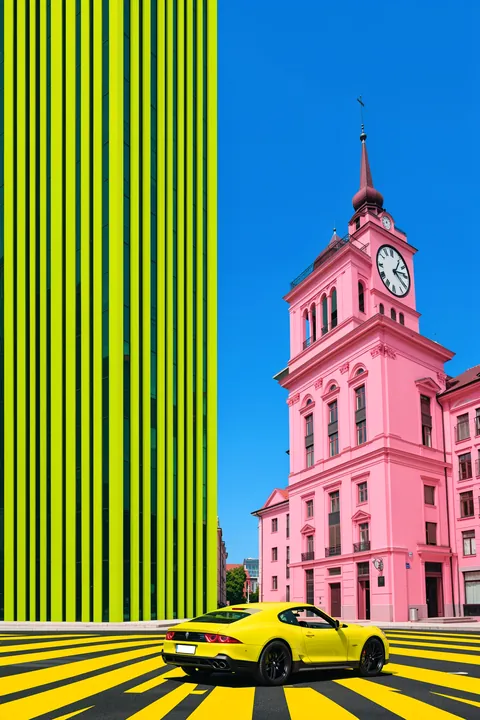 Flatiron Building. A bright pink clock-tower building and a lime-green facade rise above a yellow sports car on a black-and-yellow striped street.