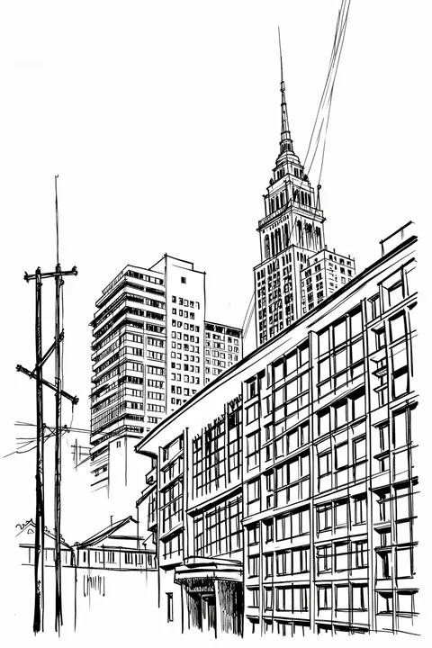 Manhattan Skyline Sketch. A black ink street sketch shows dense city buildings and a tall spired skyscraper rising above them.