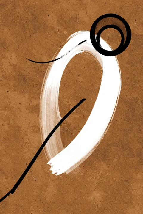 Curves and Circles. A broad white looping brushstroke is crossed by thin black curves and topped with two nested black rings on brown.