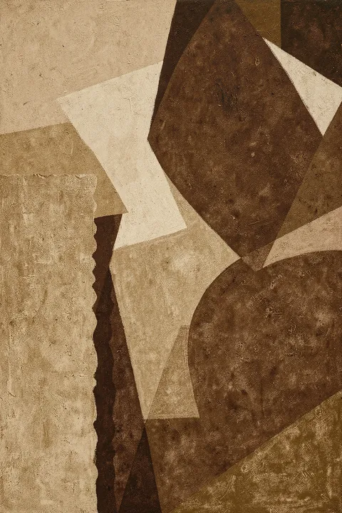 Earthy Labyrinth. Large irregular geometric forms in dark brown, taupe, and cream interlock across a textured sepia field.
