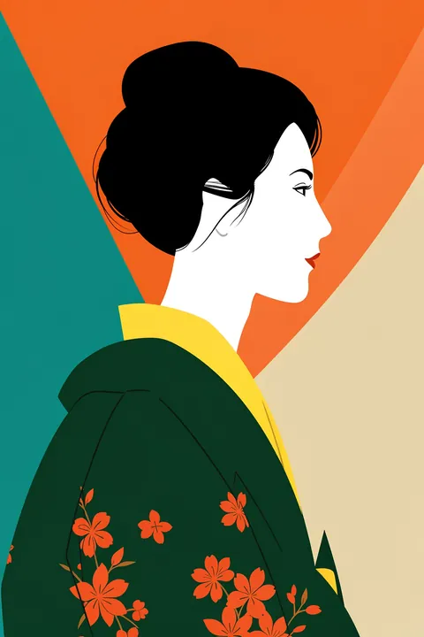 Elegant Portrait. A stylized side-profile portrait with dark hair and a patterned garment sits against a geometric teal, rust, and ochre background.