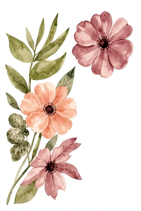 Floral Serenity. Three soft pink watercolor blossoms with muted green leaves are arranged on a clean white field.