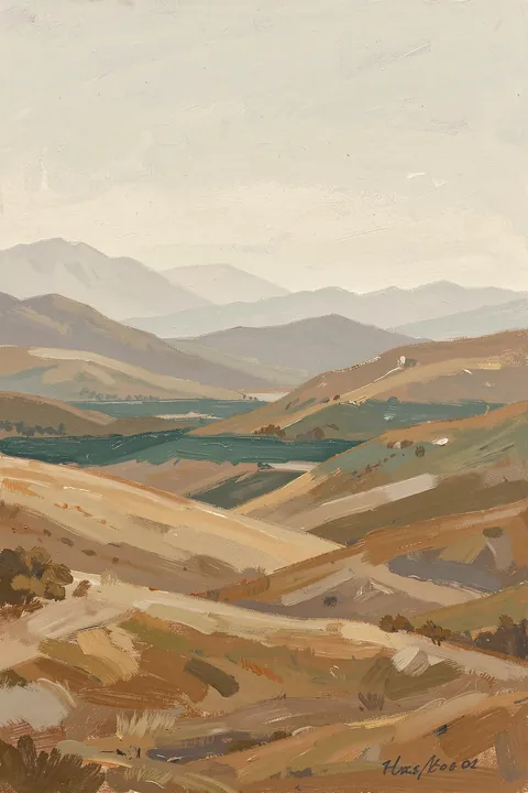 Serene Rolling Hills. Muted ochre and olive hills roll toward pale distant mountains beneath a softly textured sky.