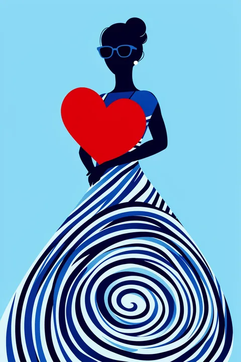 Masked Heart Thief. A dark-haired figure in a blue patterned dress holds a large red heart against a turquoise background.