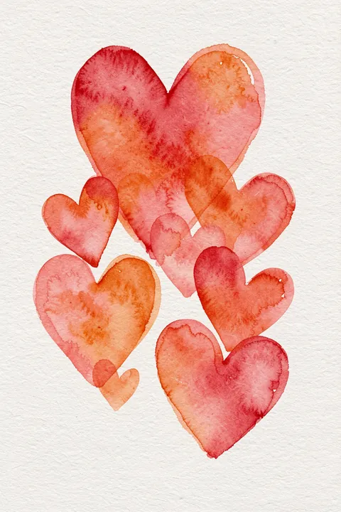Vibrant Watercolor Hearts. Overlapping watercolor hearts in pink, red, and peach tones cluster on a lightly textured white background.