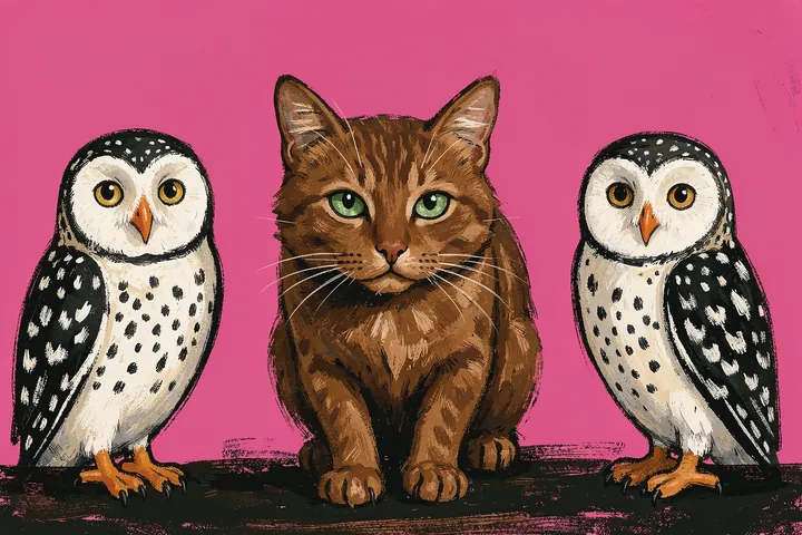 Whimsical Cat With Owls. A brown cat sits between two black-and-white owls against a vivid pink background.