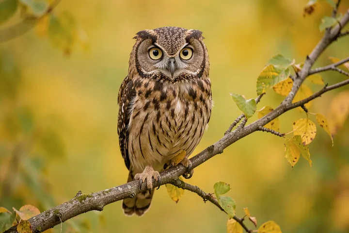 Wise Little Owl. A close view of an owl perched on a branch, framed by golden yellow-green foliage.