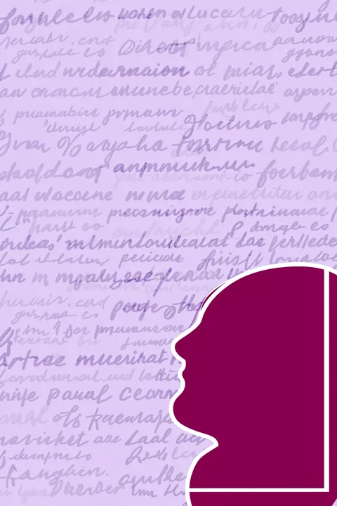 Empowered Essence. A magenta profile silhouette fills the lower-right corner over a lavender field of layered cursive writing.