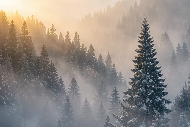 Misty Winter Pines. A sunlit mist hangs over a dense winter pine forest, with a snow-dusted evergreen prominent in the foreground.