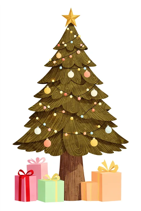 Modern Christmas Tree Presents. A woodgrain Christmas tree decorated with pastel lights and ornaments stands above colorful wrapped gifts on white.