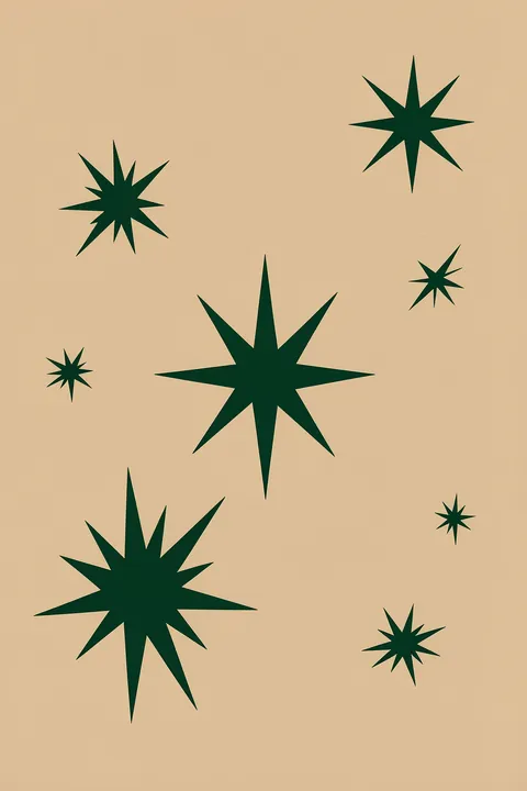 Peace Love Pine Holiday. Dark green starburst pine-like silhouettes are scattered across a warm beige background.