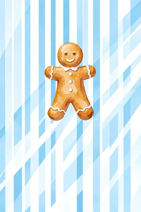 Striped Gingerbread Man. A smiling gingerbread figure with white icing details stands against pale blue-and-white vertical stripes.