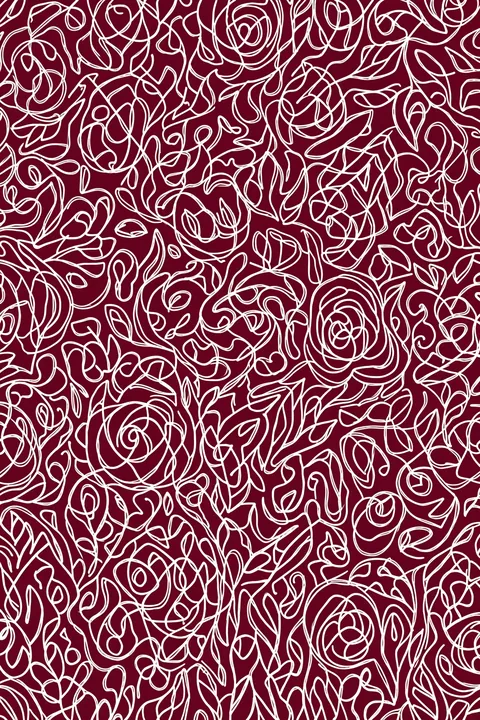 Whimsical Bow Pattern. Dense white looping floral linework repeats across a deep burgundy background.