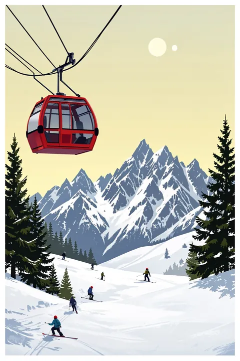 Winter Mountain Skiing. Skiers descend a snowy mountain below a red cable car, framed by dark evergreens and pale yellow sky.