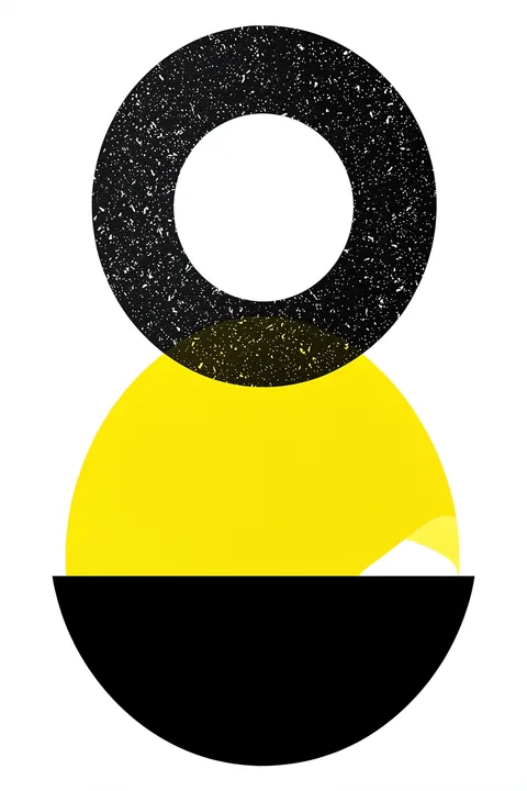 Abstract Yellow Black Shapes. A black textured ring, bright yellow dome, and black semicircle form a bold abstract stack on white.