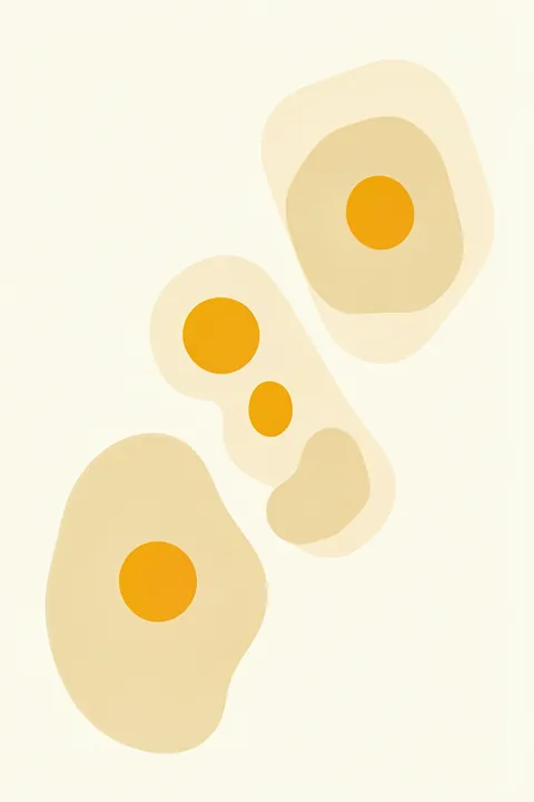 Bright Boiled Eggs. Three simplified sunny-side-up eggs are arranged diagonally in pale cream and golden yellow.
