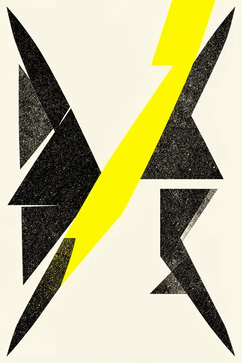 Dynamic Abstract Geometry. Sharp black geometric fragments frame a vivid yellow diagonal bolt-like shape on a warm cream background.