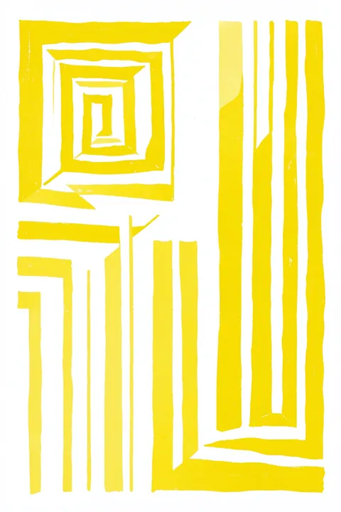 Dynamic Yellow Stripes. Loose-edged yellow bars and nested angular lines form an irregular stripe composition on white.