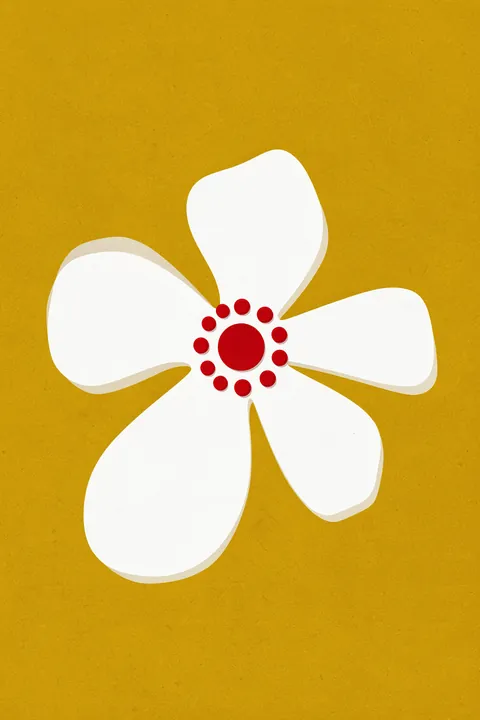 Modern Botanical Bloom. A single white five-petaled flower with a red dotted center sits on textured mustard yellow.