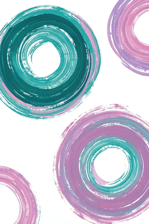 Abstract Cool Circles. Three rough circular brush rings in teal and muted mauve overlap on white.