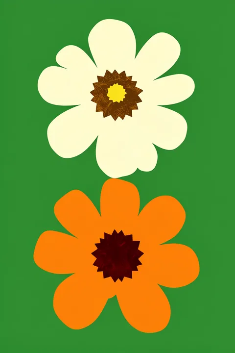 Abstract Floral Blooms. Two oversized simplified flowers, one cream and one orange, stand against a deep green background.