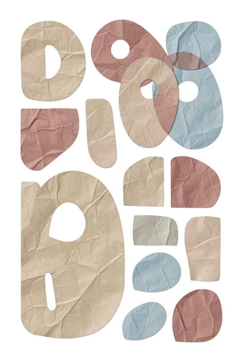 Abstract Pastel Shapes. Torn-paper-like organic shapes in beige, dusty rose, and pale blue overlap on white.