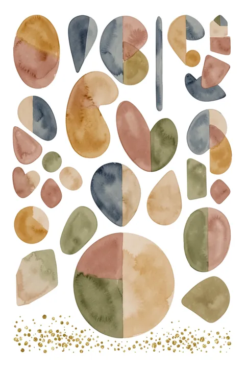 Abstract Watercolor Pattern. Muted watercolor shapes in ochre, rose, olive, and blue are scattered above a row of gold-colored speckles.