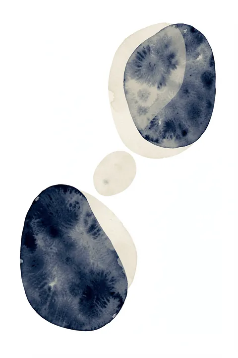 Blue Beige Organic Shapes. Two dark navy watercolor forms and pale beige shapes float apart on a white field.