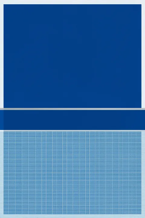 Blue Geometric Abstract. A large cobalt-blue rectangle sits above layered blue bands and a fine pale grid-like texture.