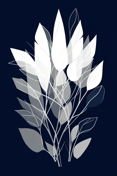 Layered Bamboo Leaves. Tall white and gray leaf-like stems rise against a deep navy background.