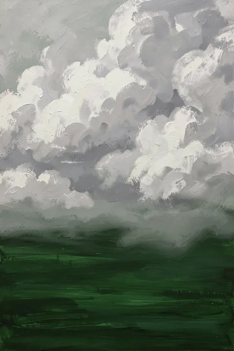 Misty Green Landscape. Heavy gray-white clouds hang above a dark green landscape in a textured painting.
