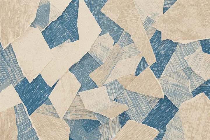 Modern Abstract Blue Pattern. Overlapping blue-gray and beige angular pieces create an all-over textured abstract pattern.
