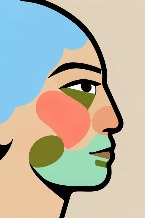 Modern Abstract Portrait. A close-up stylized face is built from flat blue, coral, olive, and mint shapes edged with thick black lines.