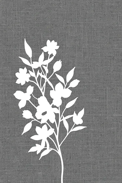 Modern Botanical Silhouettes. A white flowering branch silhouette with narrow leaves rises against a dark gray woven-looking background.