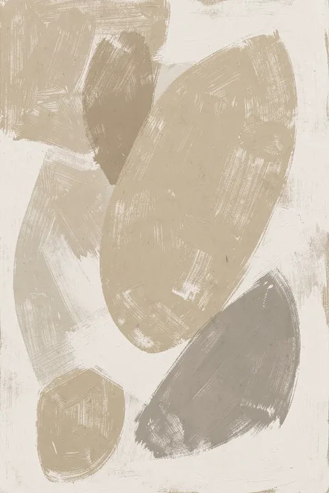 Muted Organic Abstract Shapes. Broad muted taupe and gray brush forms overlap across a warm off-white surface.