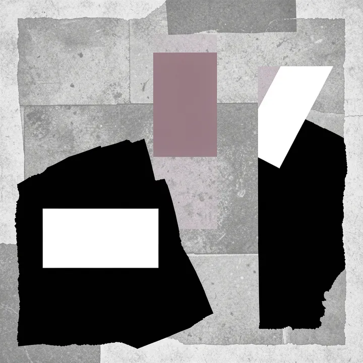 Muted Pink Geometry. Dusty pink, gray, black, and white paper-like rectangles and angular shapes layer over a mottled ground.
