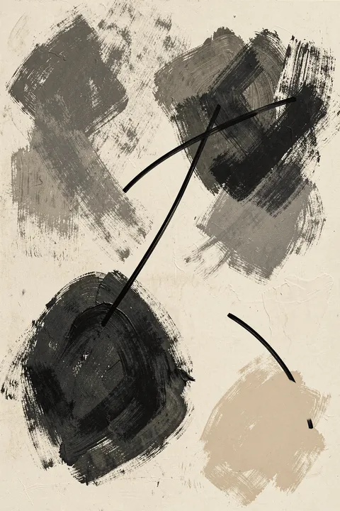 Organic Abstract Shapes. Black and gray rough brush forms and thin curved lines overlap on a warm ivory background.