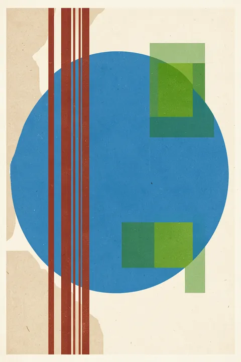 Overlapping Color Forms. A large blue circle is crossed by narrow rust-red bars and translucent green rectangles on cream.