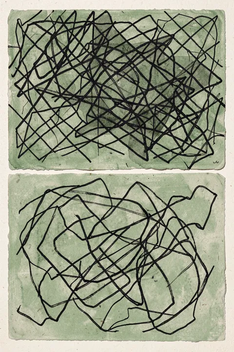 Soft Organic Abstract Flow. Two sage-green panels are covered with dense, tangled black linework on a pale paper ground.