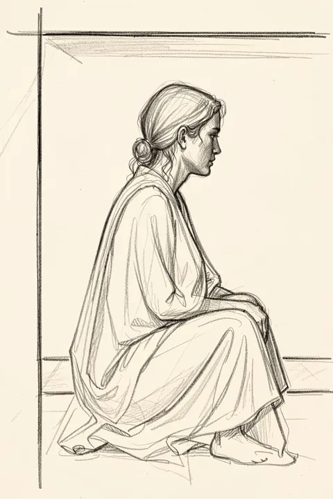 Thoughtful Nude Sketch. A pencil sketch shows a seated figure in a loose garment, drawn in fine gray lines on cream.