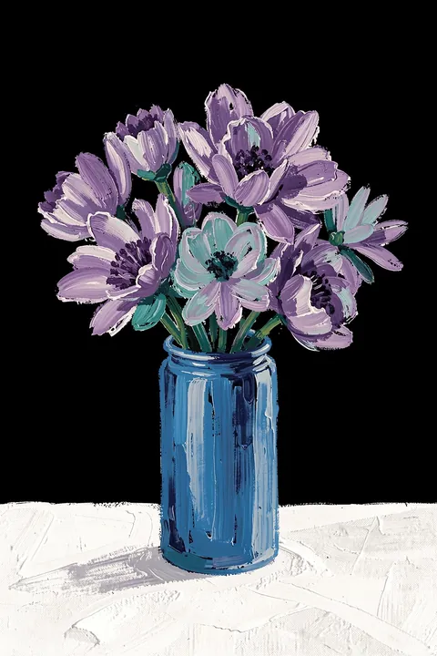 Vibrant Floral Still Life. A loose bouquet of purple and pale teal flowers sits in a blue vase on a white surface against black.