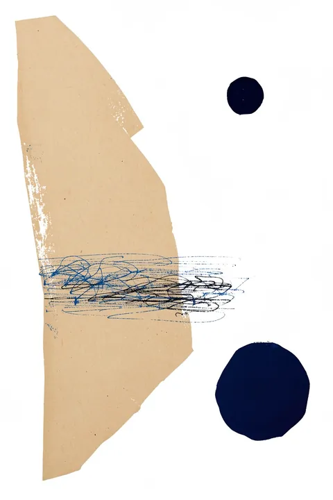 Abstract Minimalist Artwork. A broad tan shape, two dark navy circles, and loose blue-black scribbles are arranged on white.