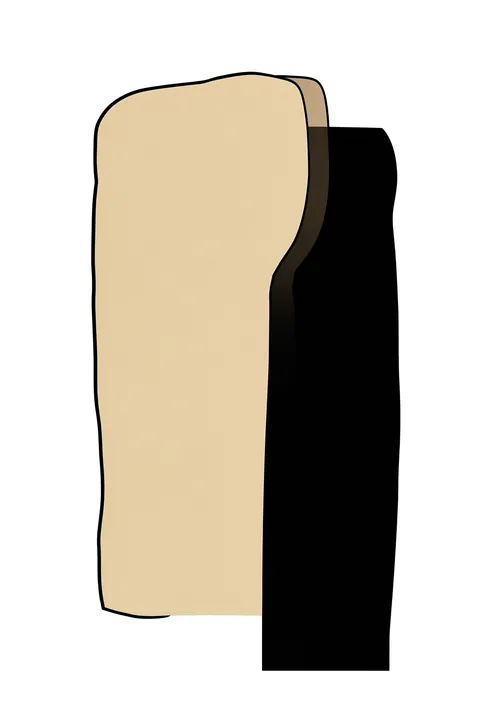 Balance of Edge and Haze. A rounded beige vertical block overlaps a tall black form on white.