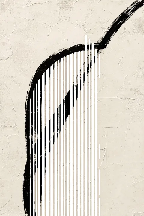 Black Lines On A Soft White Textured Background. A thick black curve sweeps over narrow vertical white stripes on a lightly textured cream background.